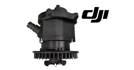 DJI centrifugal spray motor, black housing with ribbed fins and side inlet