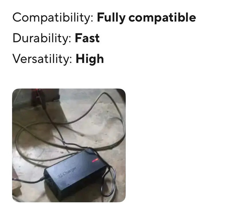 Black battery charger unit with attached cables and connector, for maintenance device use