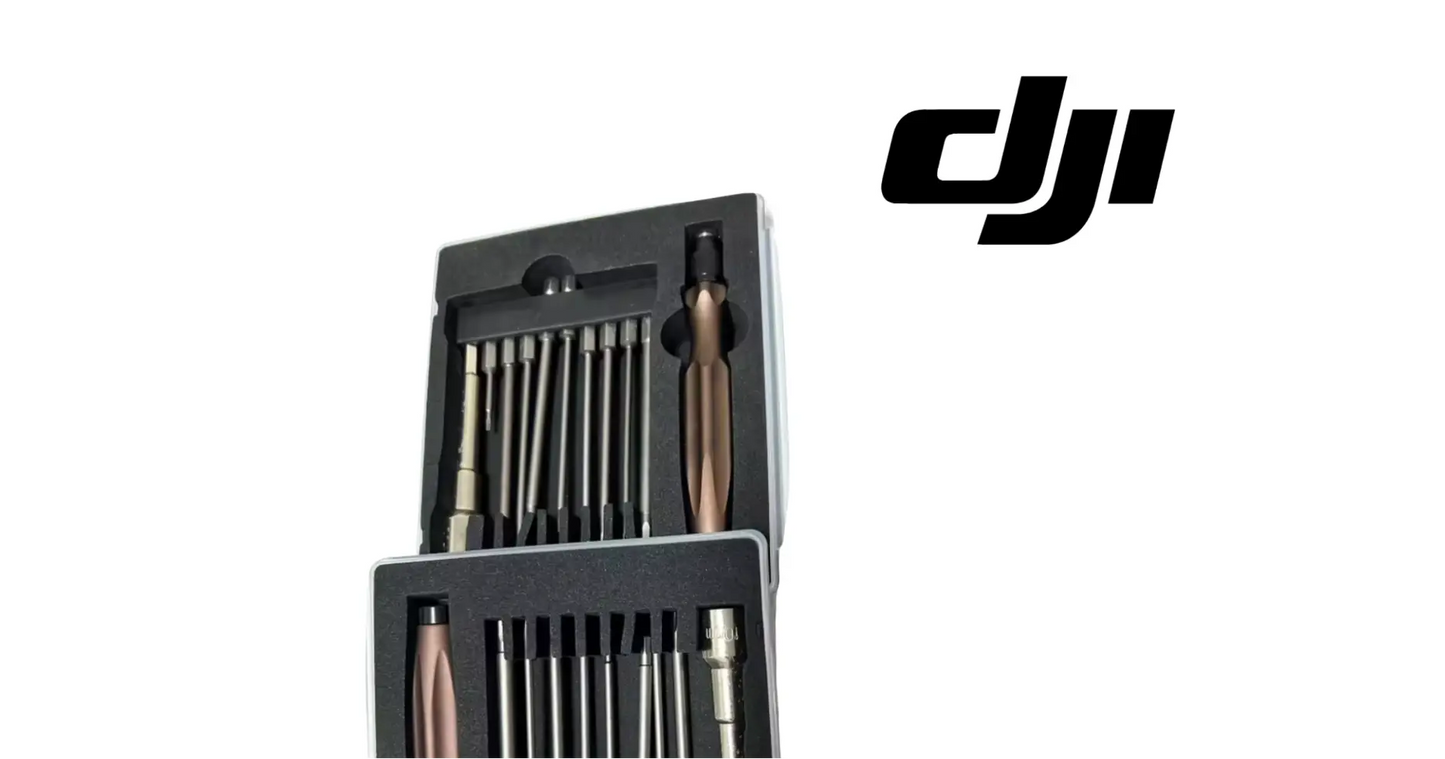 DJI tool kit case open with assorted bits, screwdriver, and tools