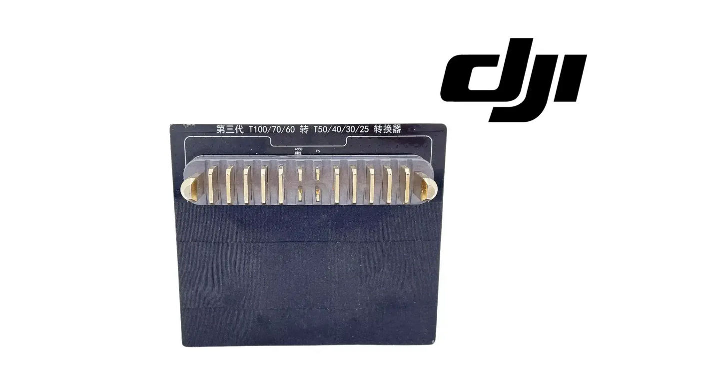 DJI power adapter plug front view with gold pin row on dark connector block