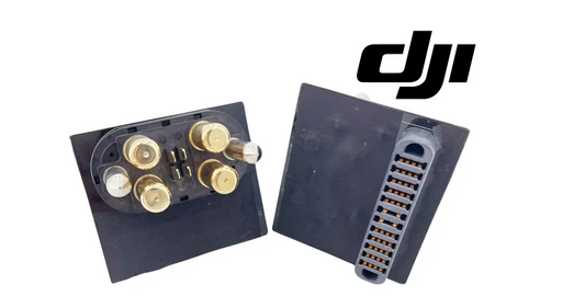 DJI power adapter plug with gold contact sockets and pin array, two angles