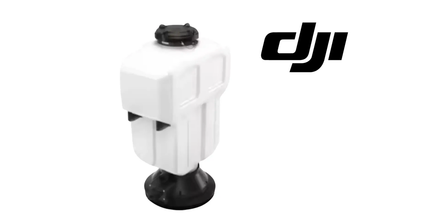 DJI agricultural spreading hopper with white tank and black base nozzle