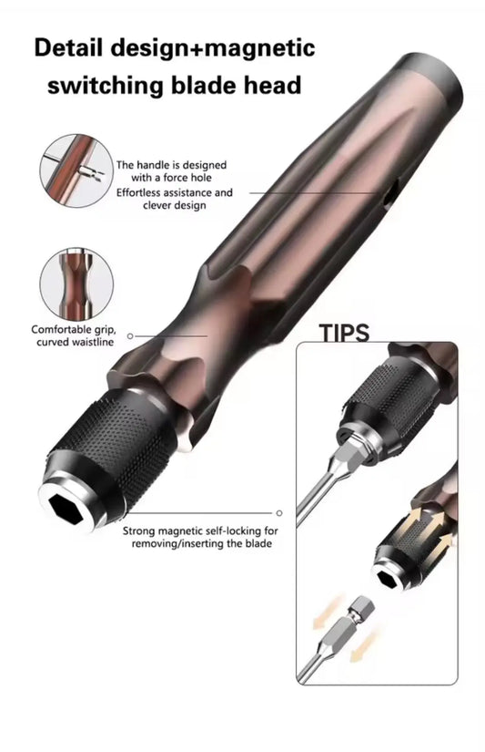 Magnetic screwdriver with copper handle, textured black grip, switching blade head