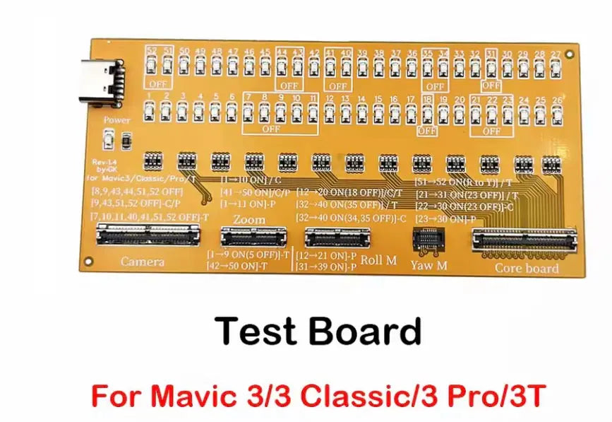 DJI test board PCB with labeled switches and ribbon connectors, orange