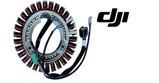 Magneto stator assembly with red copper coil ring, blue wires, and black terminal