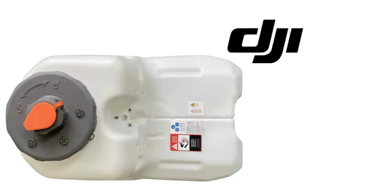 DJI Agras T100 spray tank body with orange cap and warning labels