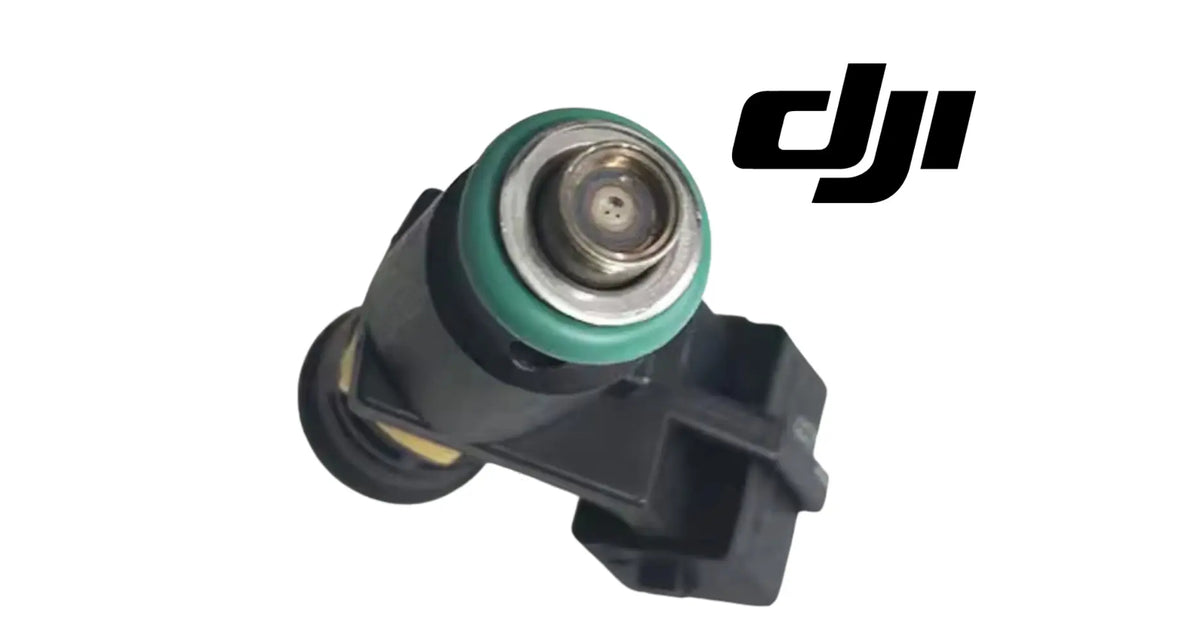 DJI electric injector nozzle with green cap and metal inlet, black housing