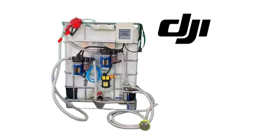 Agricultural dosing and mixing tank unit with control box, blue pump, red valve, hoses