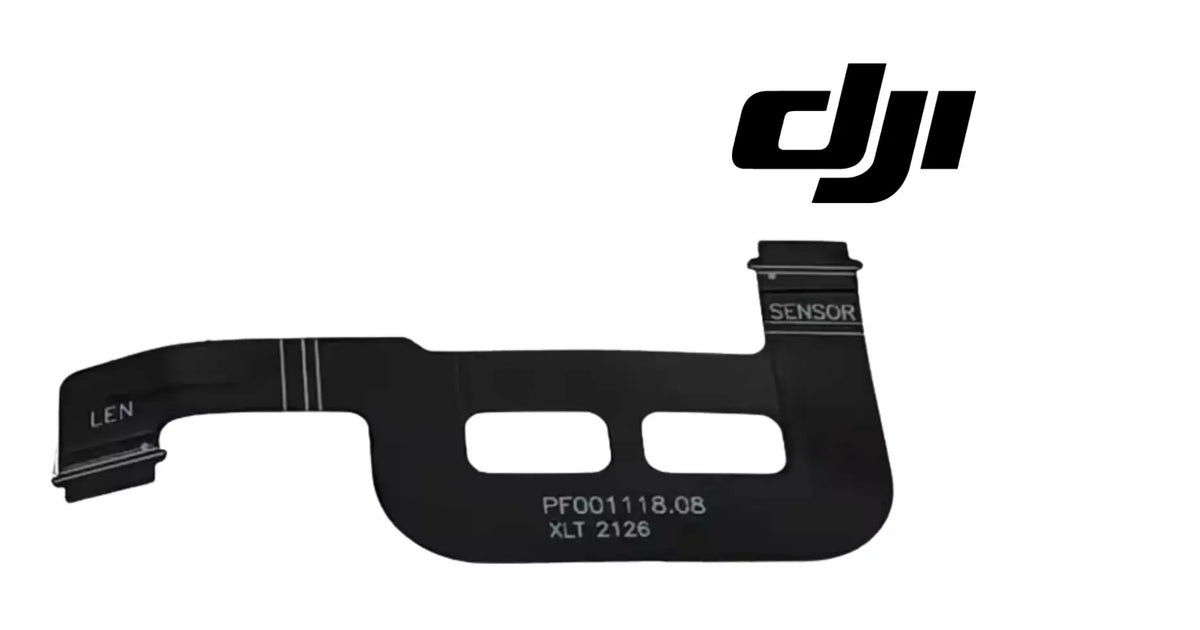 DJI black flat ribbon cable with multi-pin connector ends and printed sensor label