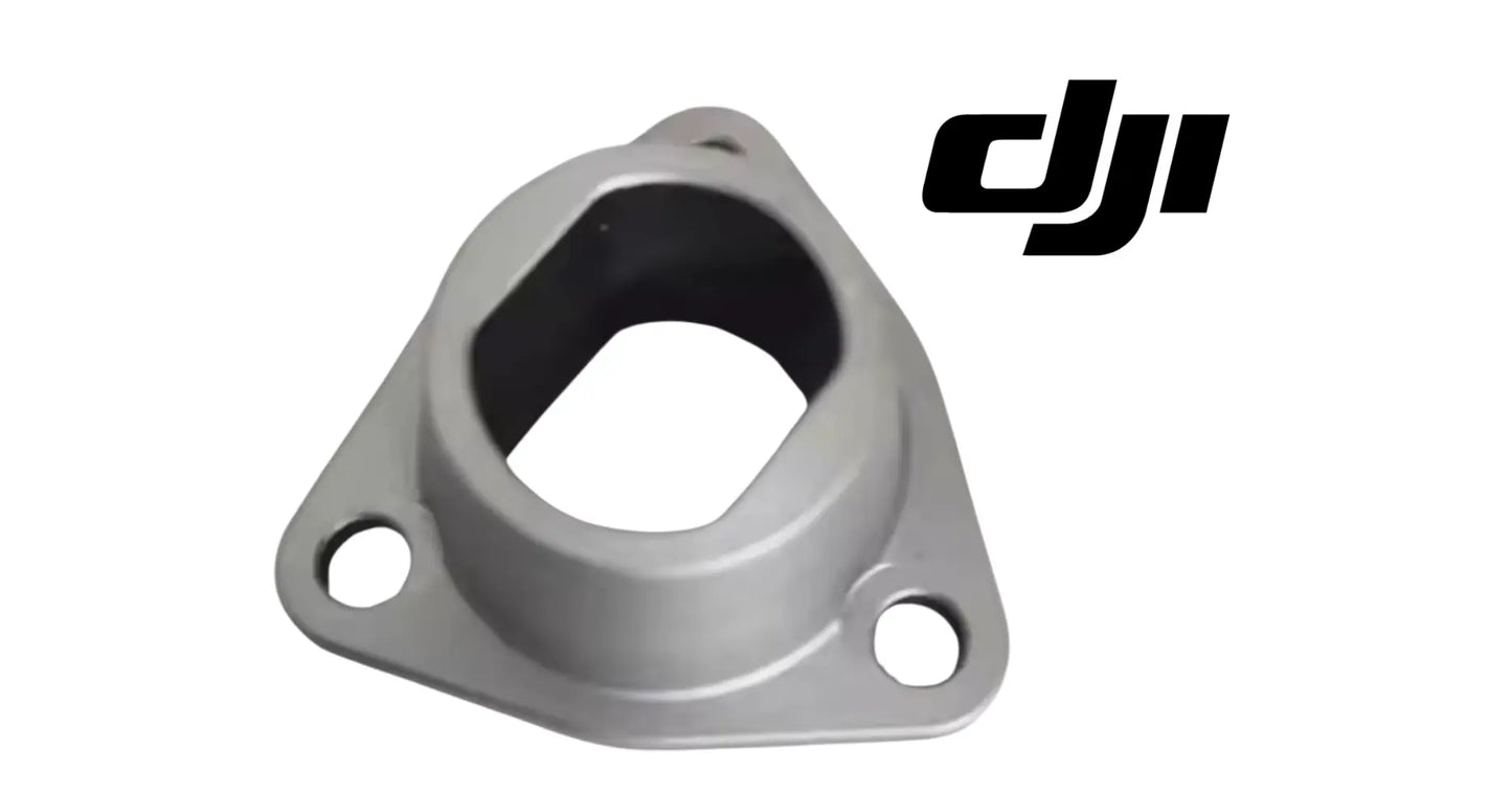 DJI Agras boom arm bushing, gray metal bracket with circular opening and two side mounting holes