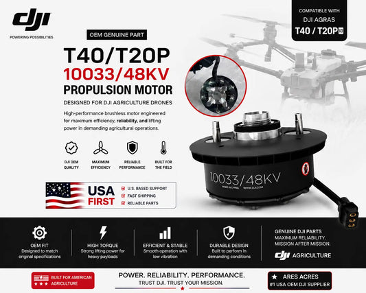 DJI T40/T20P propulsion motor product graphic with inset wiring and motor