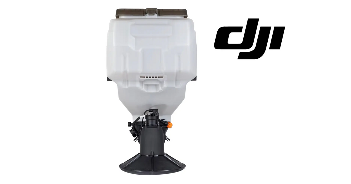 White hopper dispenser with black mounting base and DJI logo