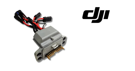 DJI power distribution board module with side ports and connected red/black cables