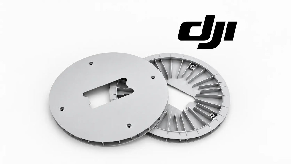 DJI Agras motor upper cover, grey circular plastic with ribbed underside and slot opening