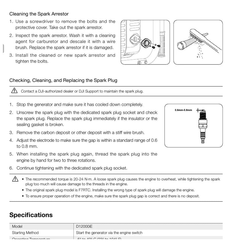 DJI D12000iE F7RTC spark plug gap and maintenance