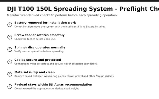 DJI Agras T100 150L spreading system preflight checklist — Canada edition