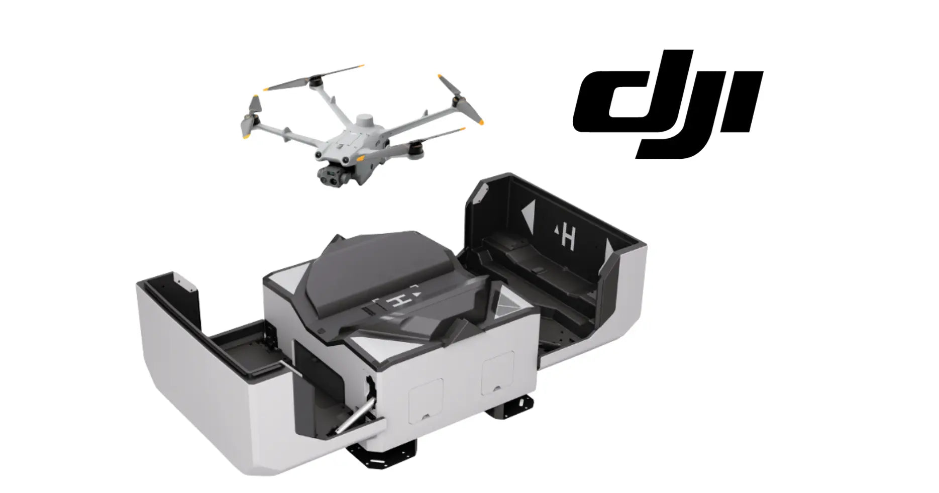 DJI Dock 2 docking station with drone and DJI logo, side angle