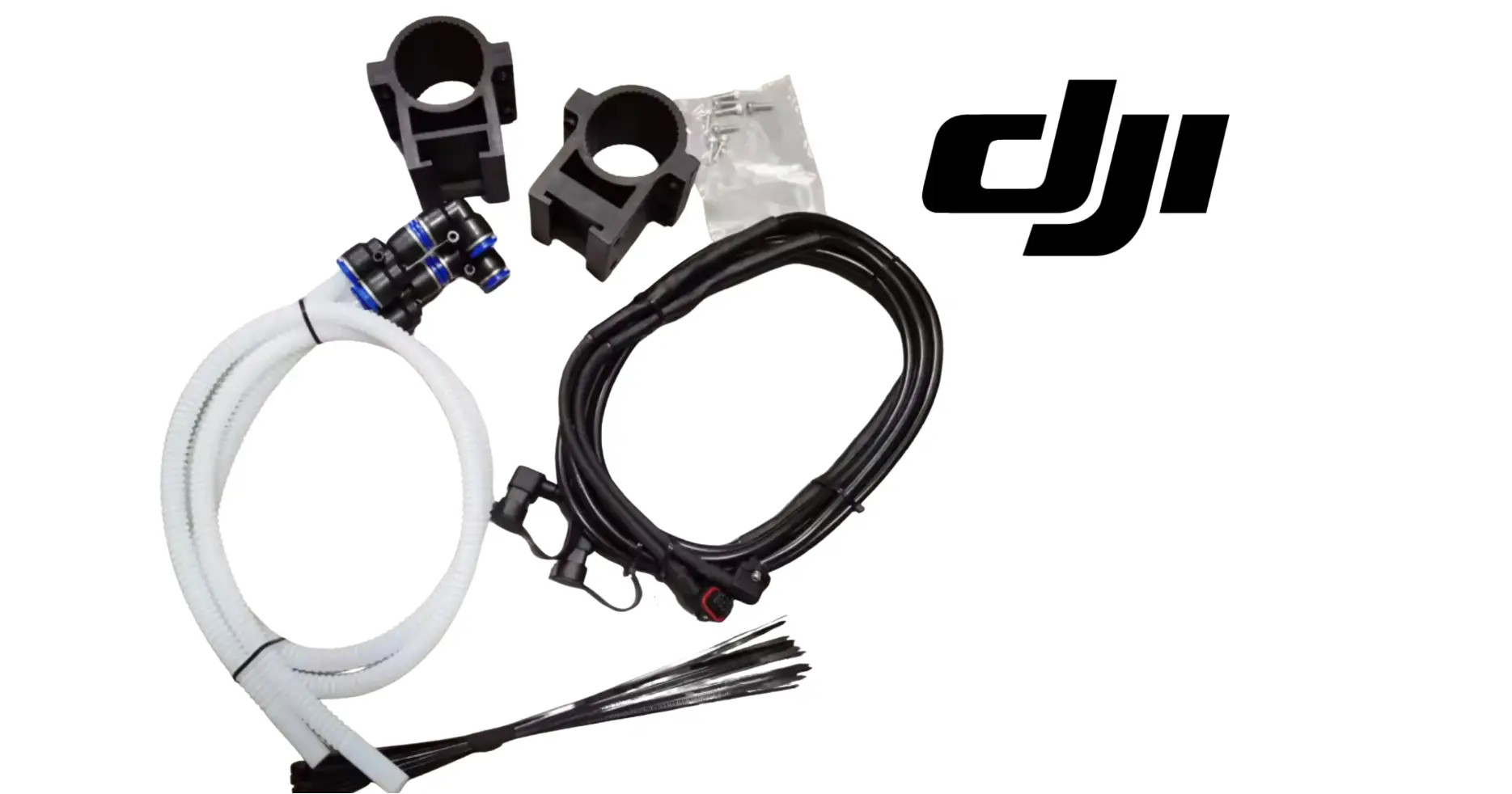 DJI Agras rear spray head modification kit set with tubing, wiring, and mounting rings