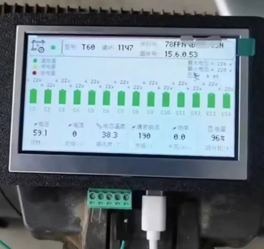 Battery diagnostic reader touchscreen with connectors and wiring at the bottom