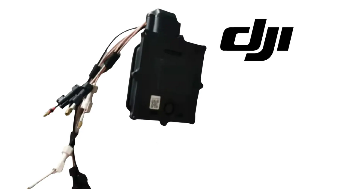DJI Agras OEM RF module with black housing and bundled wiring with plugs