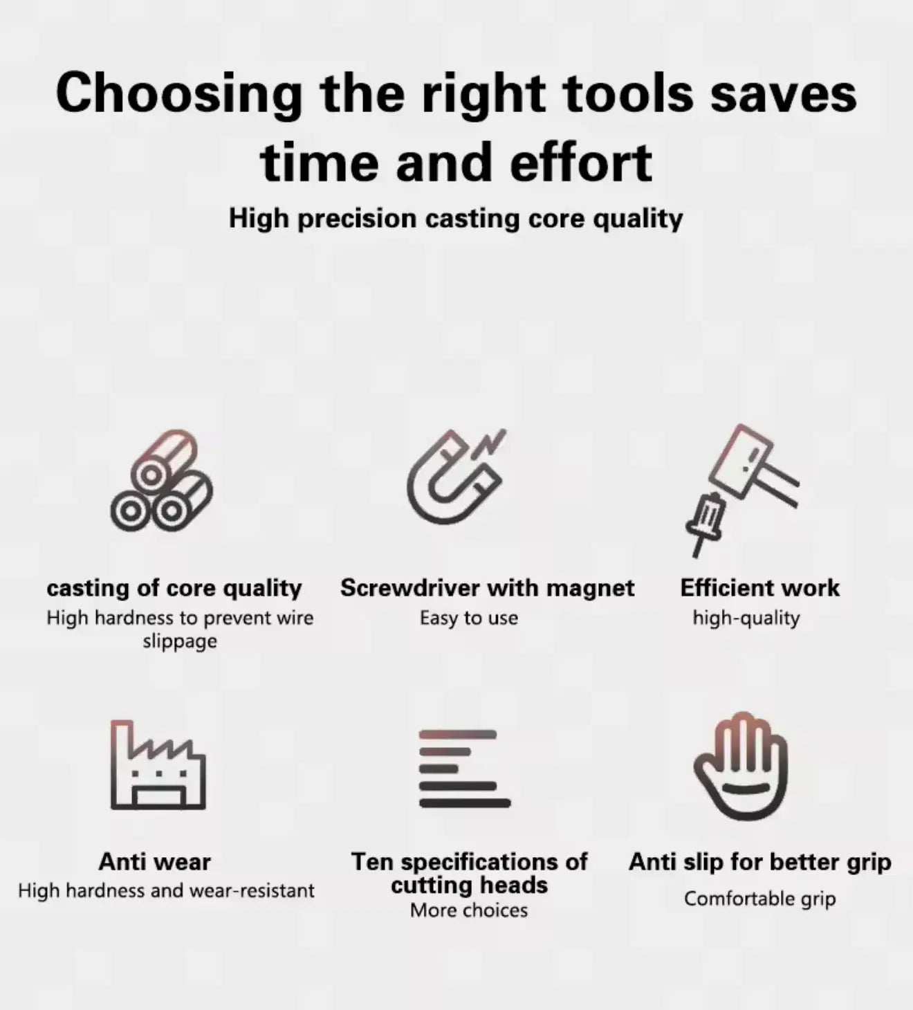 Maintenance tool system feature icons: magnetic screwdriver, anti-wear, anti-slip grip