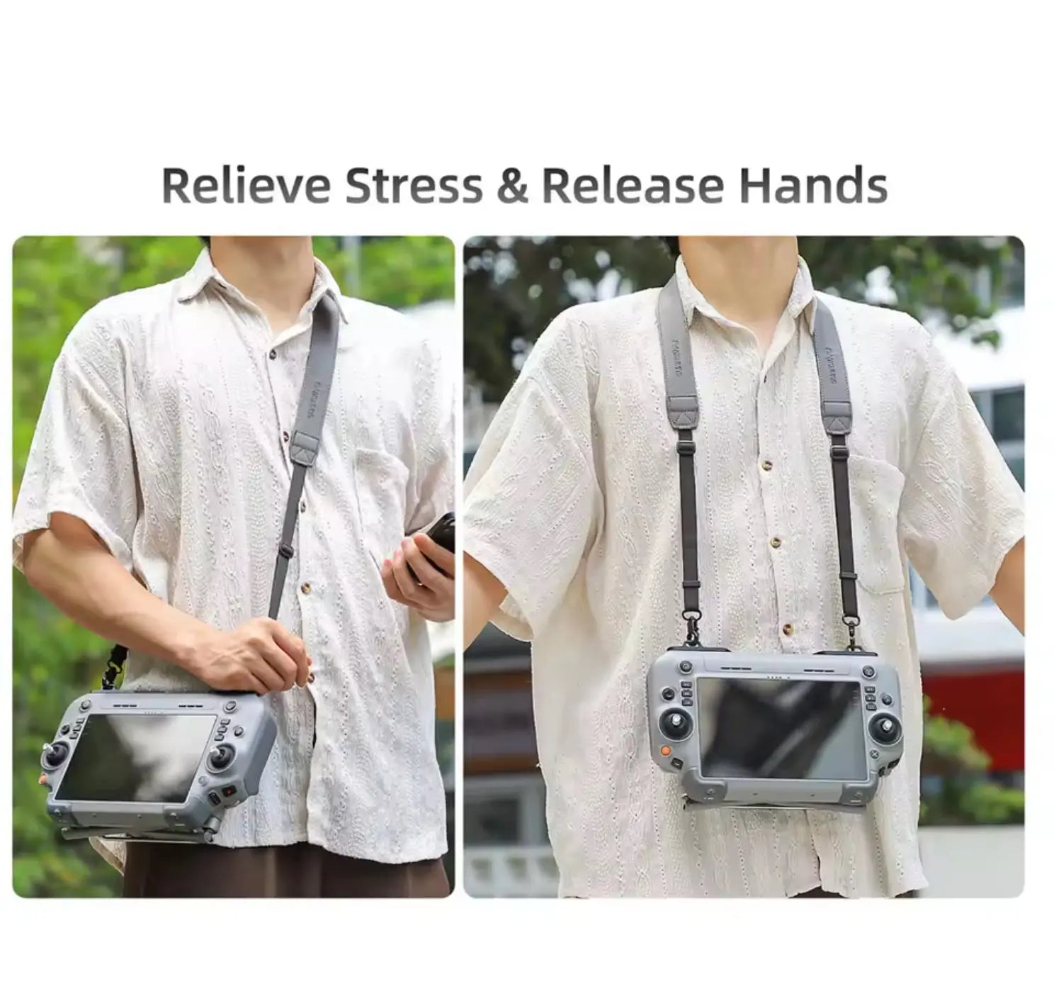 Neck strap worn over clothing, holding a gray DJI remote controller with both straps