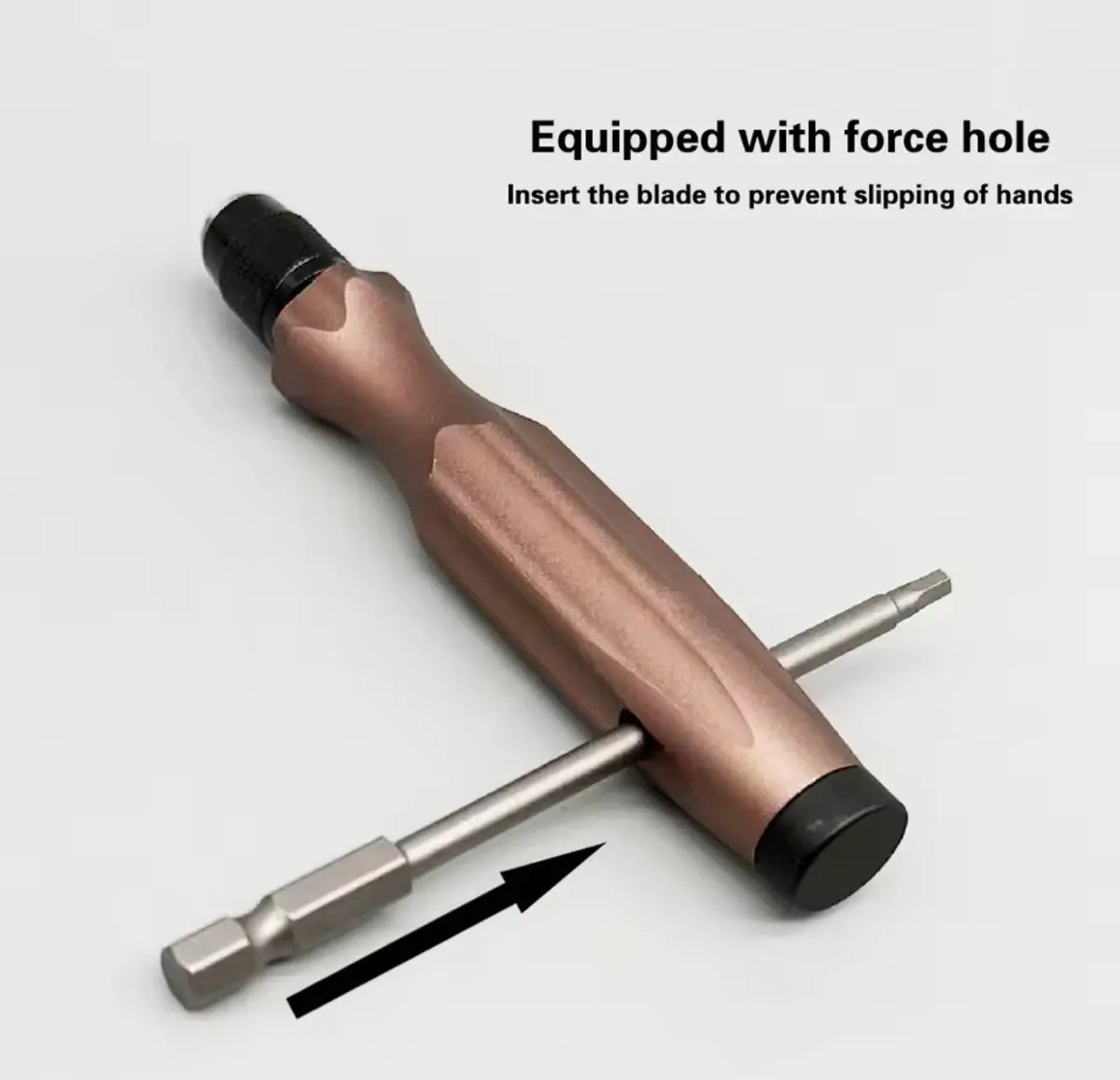 Magnetic screwdriver with copper handle and black grips, force-hole design