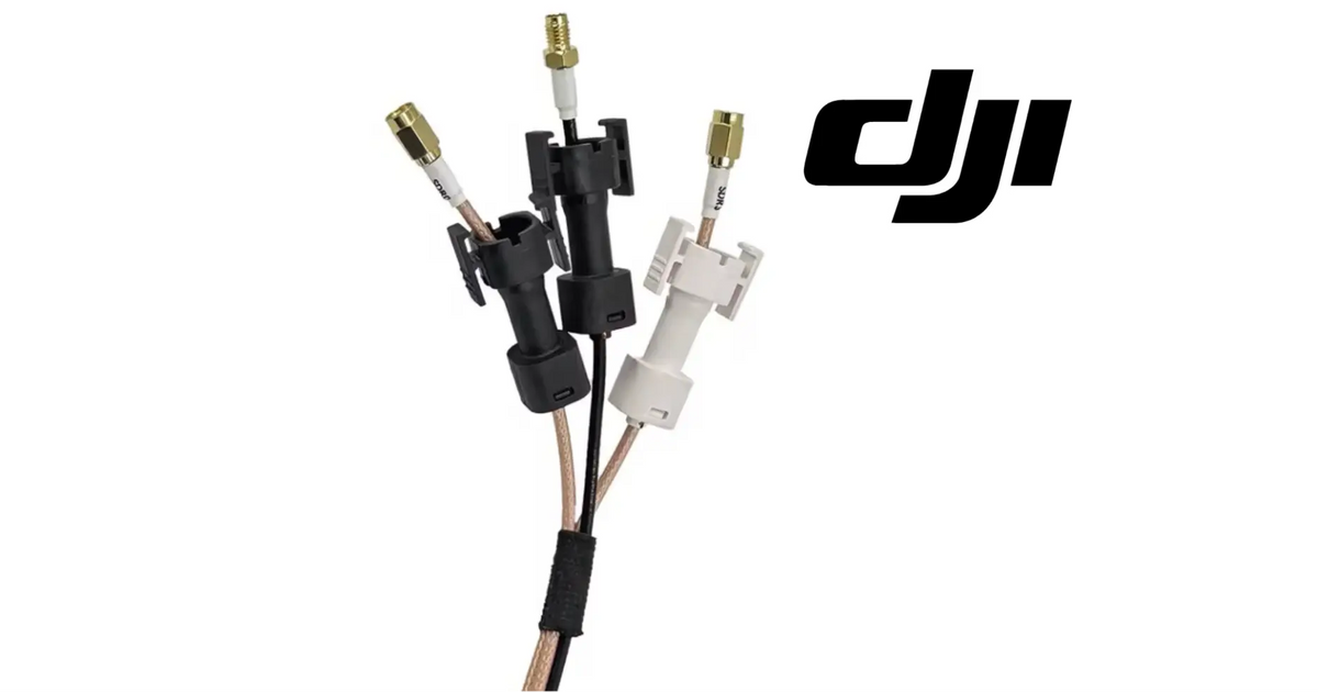 DJI Agras T50 OEM RF module with dual coax-style connectors and wiring harness