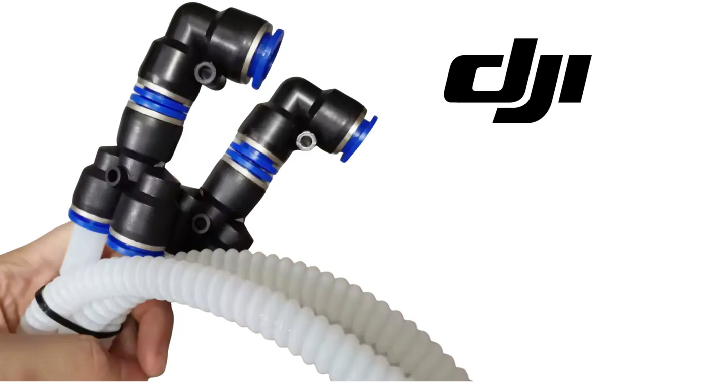 DJI Agras rear spray nozzle assembly with blue fittings and corrugated hose