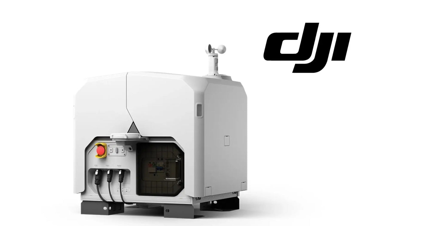 DJI surveillance docking station side view with front camera bay and cables