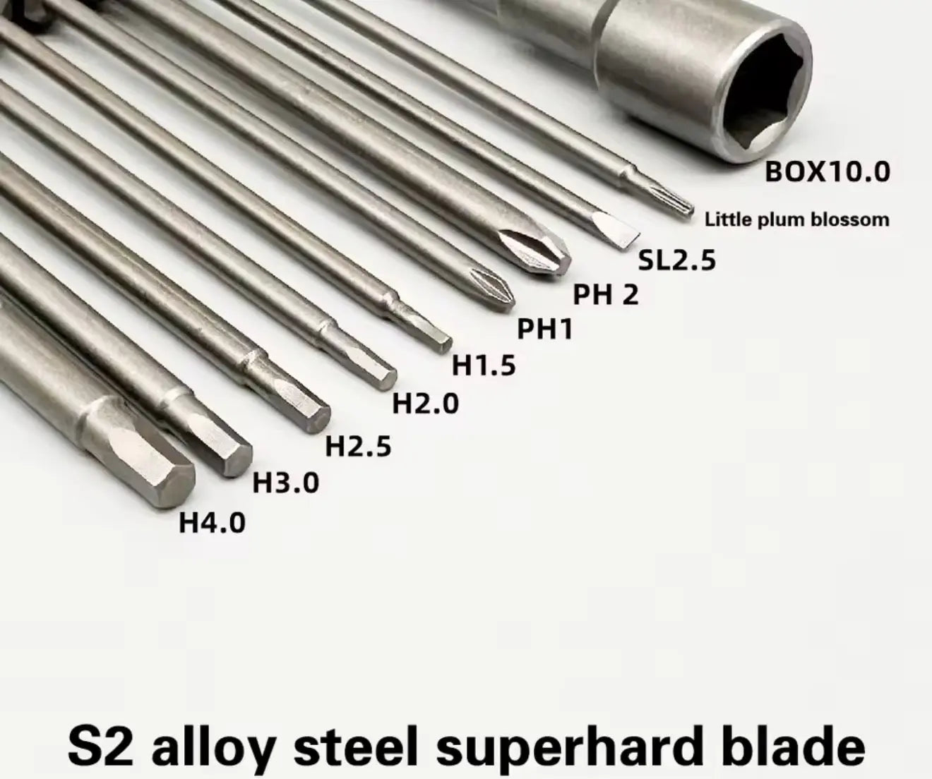 Steel screwdriver bit set with multiple tip sizes including PH and H series