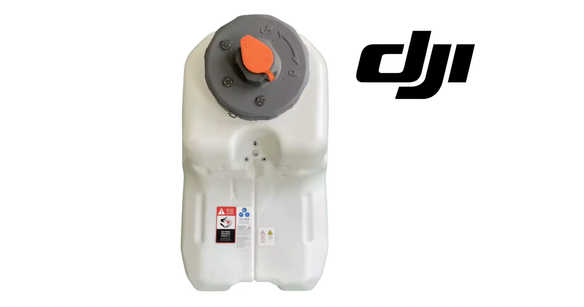 DJI Agras T100 75L OEM white water tank with orange top cap and warning labels