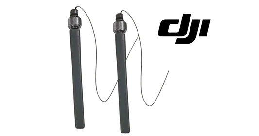DJI external SDR antenna pair with two dark green rods and coax cables, SMA-style ends
