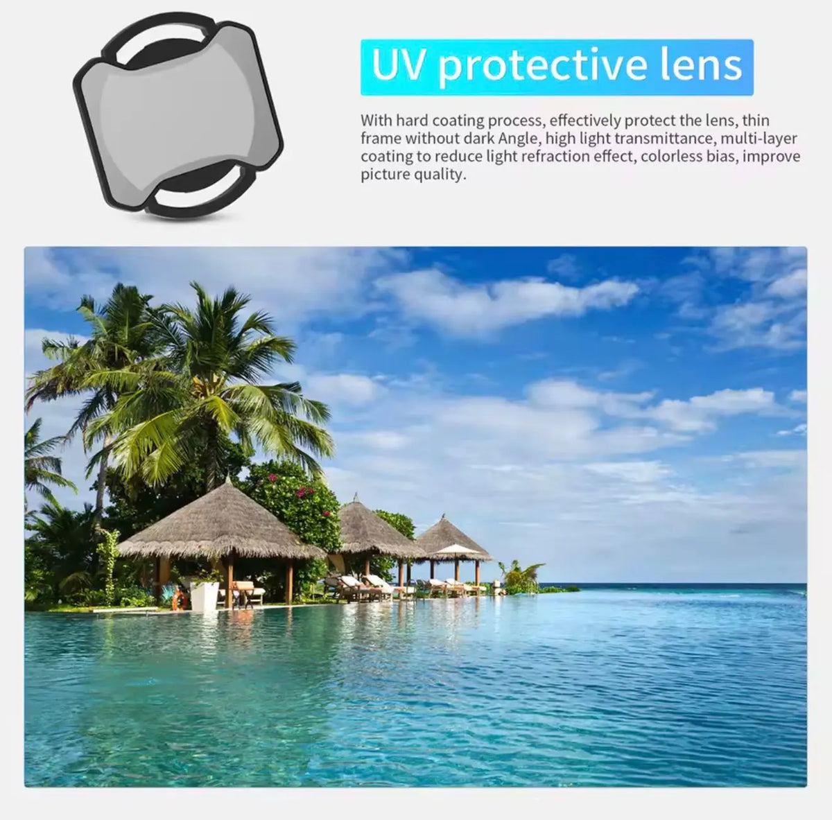 UV protective camera lens filter with hard coating text overlay