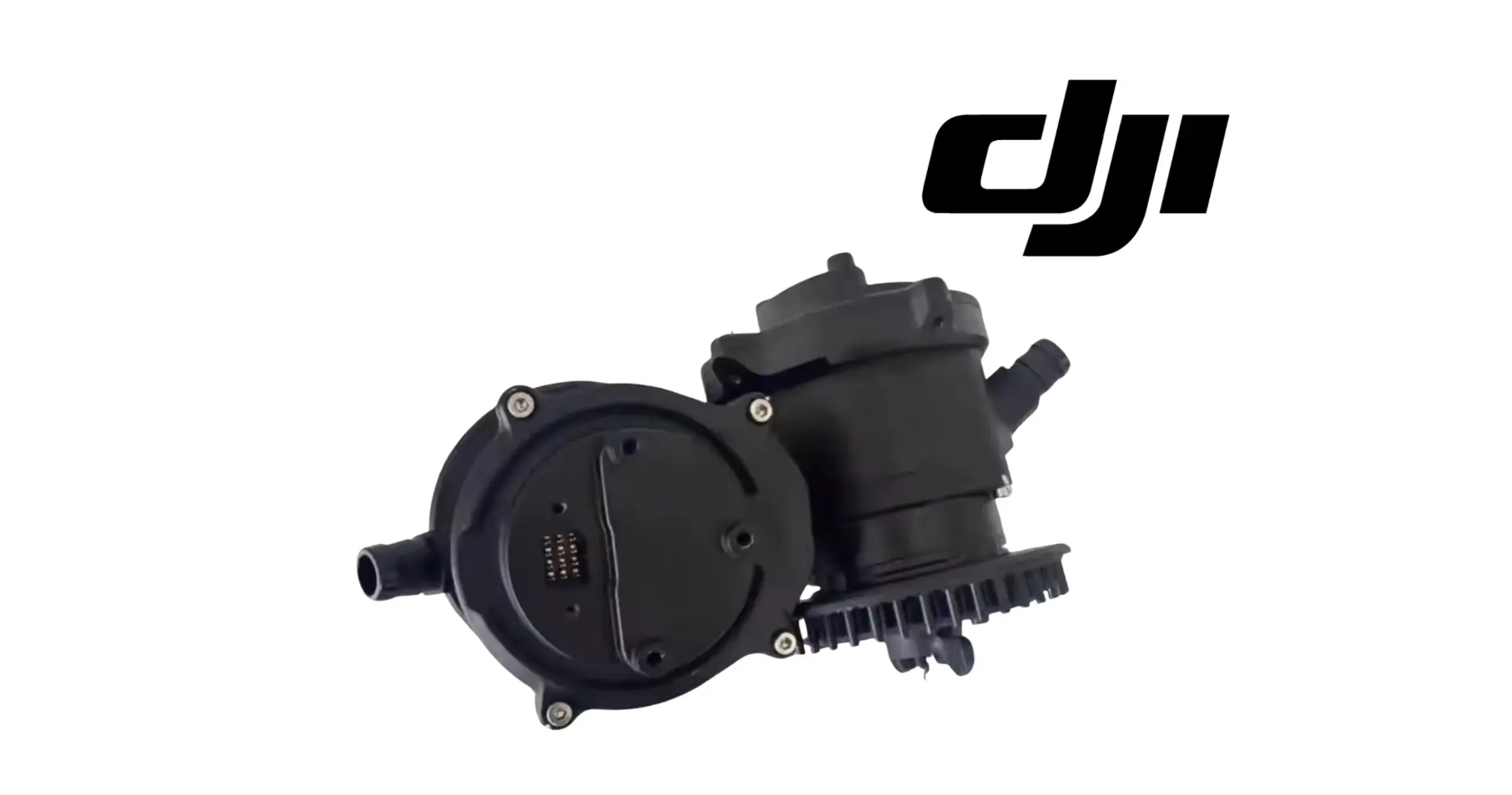 DJI centrifugal spray motor, black circular backplate with side connectors and fins