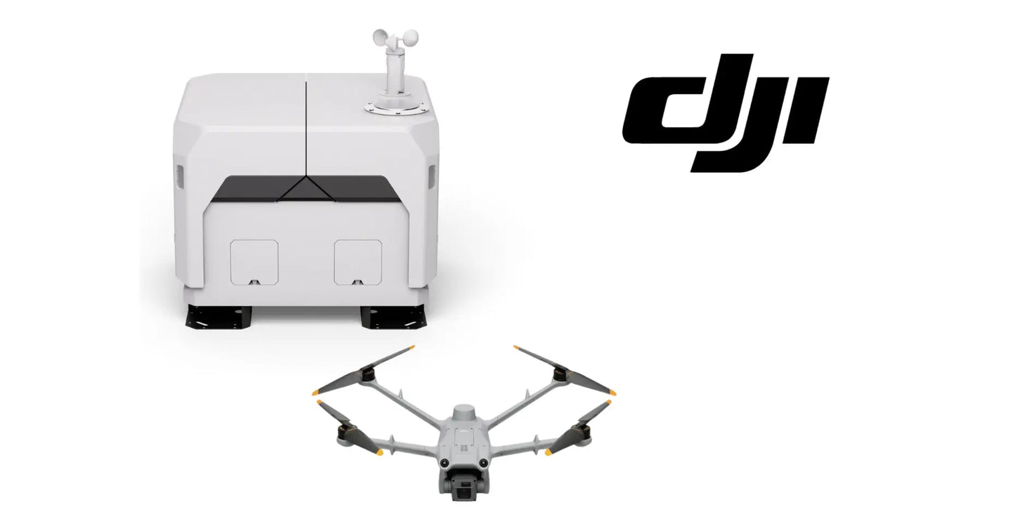 DJI dock charging station with Matrice drone, front view