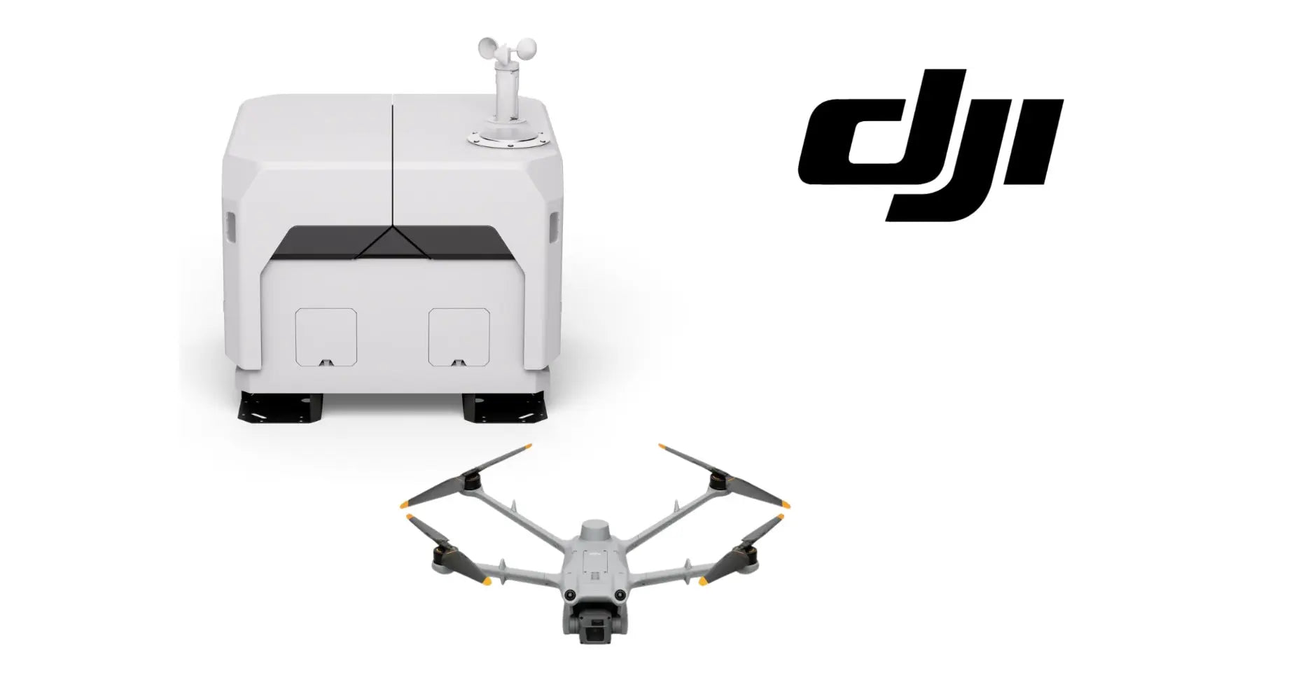 DJI dock charging station with Matrice drone, front view