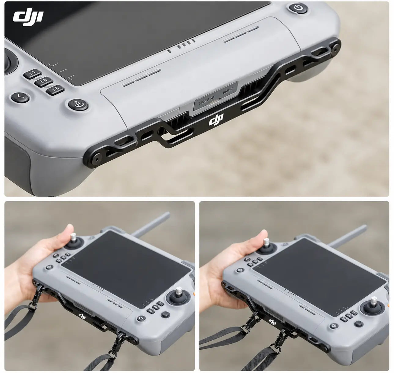 Gray DJI remote controller with neck strap attached, close-up of controller side connectors