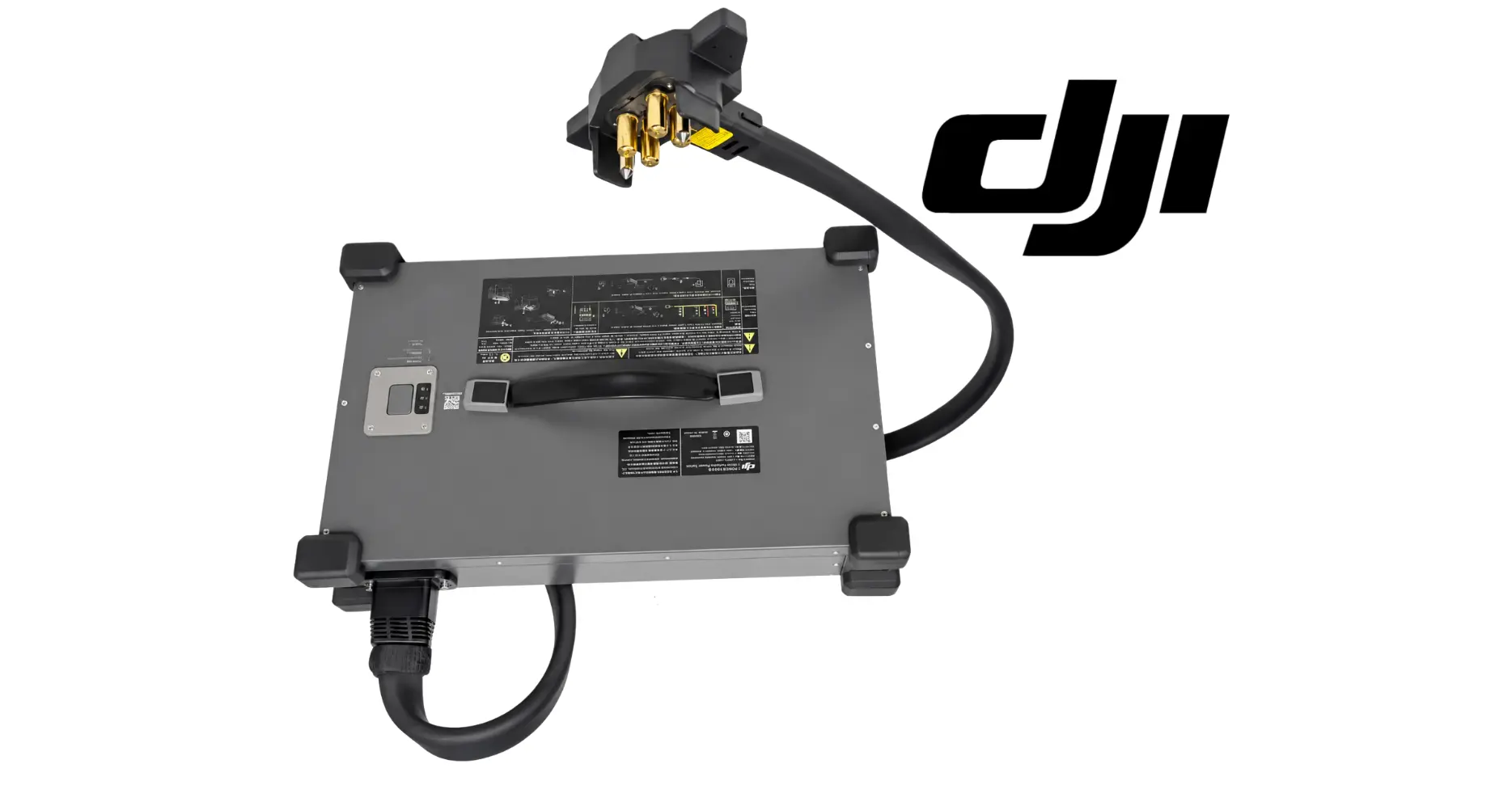 Gray power supply with front label panel and black cable connected to gold terminals.