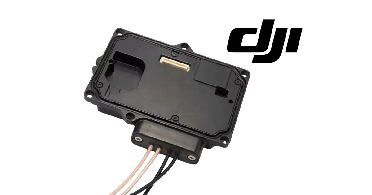 DJI Agras RF module case with mounting holes and multi-wire cable connectors