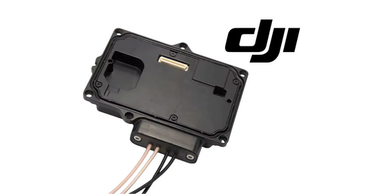 DJI Agras RF module case with mounting holes and multi-wire cable connectors