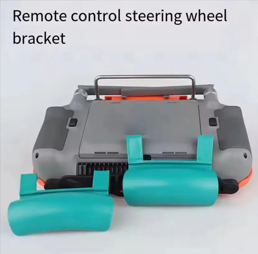 DJI Matrice remote control steering wheel bracket with teal wheel rollers and handle