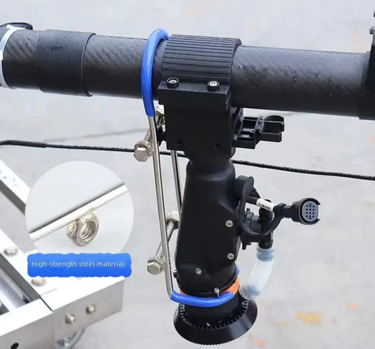DJI Agras T70P bracket installed on spray boom with blue-ringed metal frame