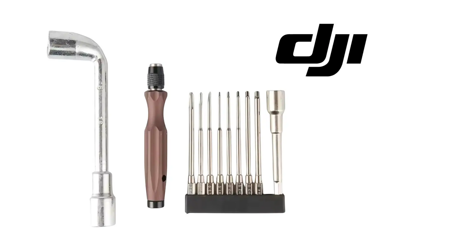 DJI Agras repair tool kit with curved handle, socket tool, and bit stand
