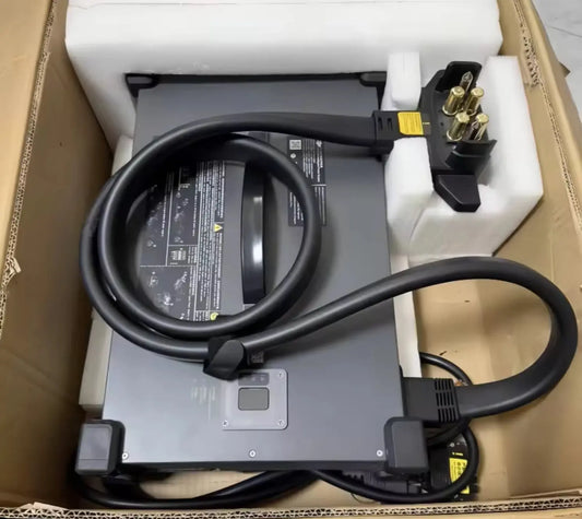 DJI battery charger power supply with thick cables, terminal clamps, and side ports.