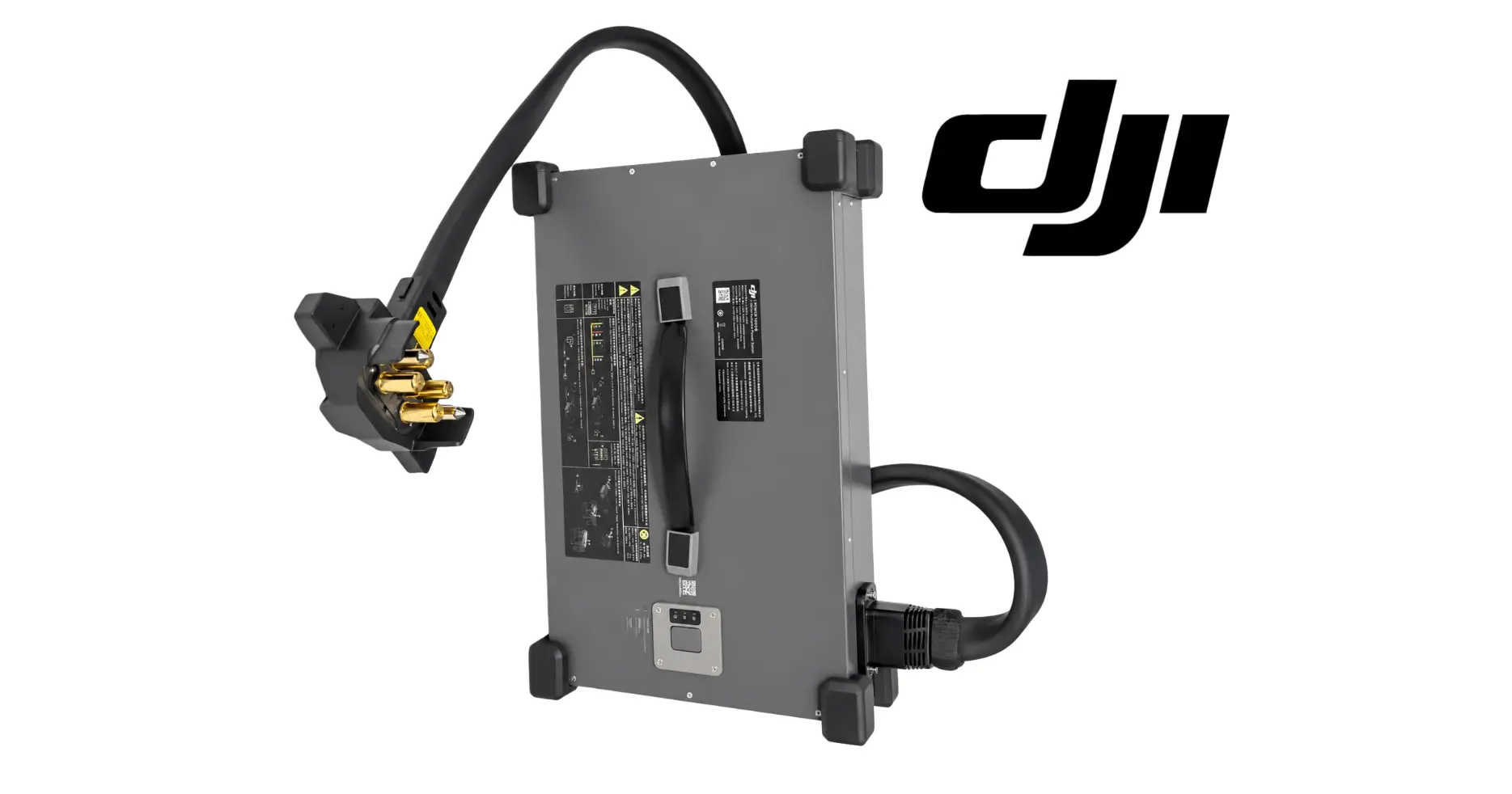 Gray DJI charger unit with side terminals, black cable leads, and gold battery clamps.
