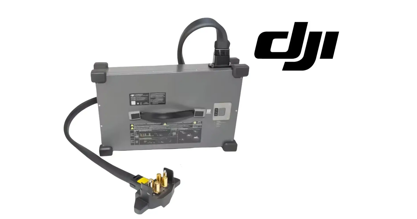 DJI gray power supply unit with handle, thick cable, and gold battery clamps.