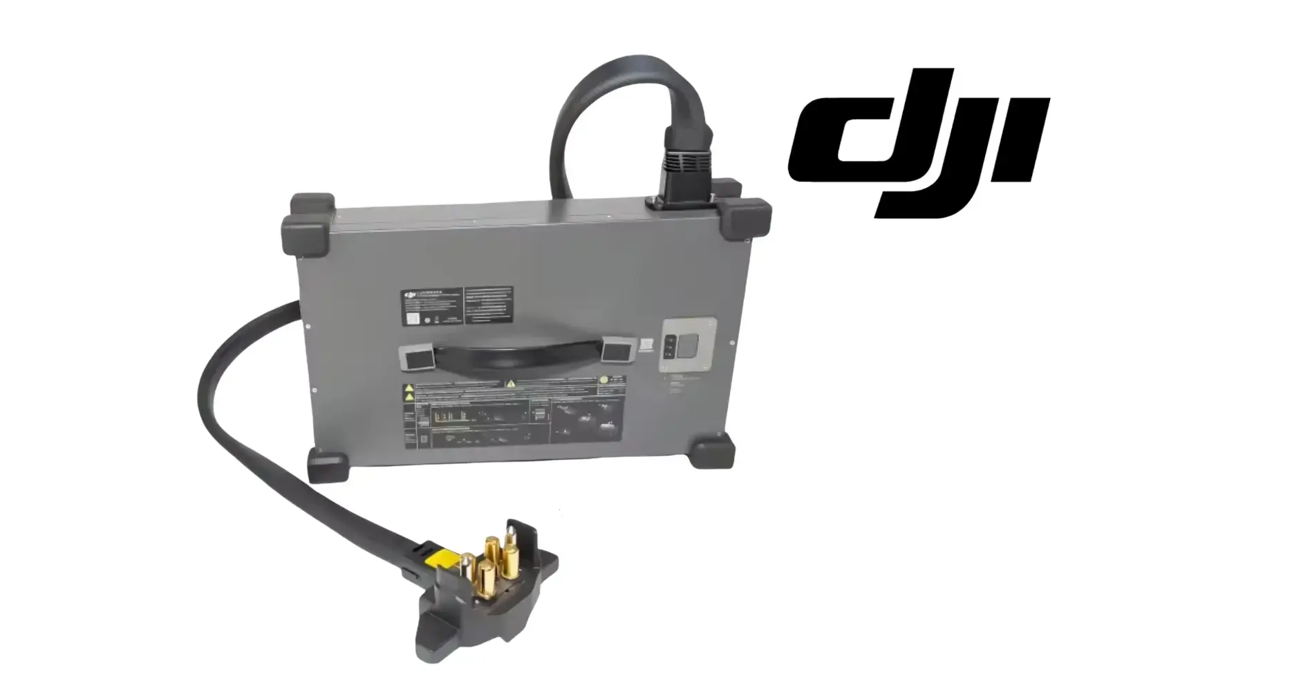 DJI gray power supply unit with handle, thick cable, and gold battery clamps.
