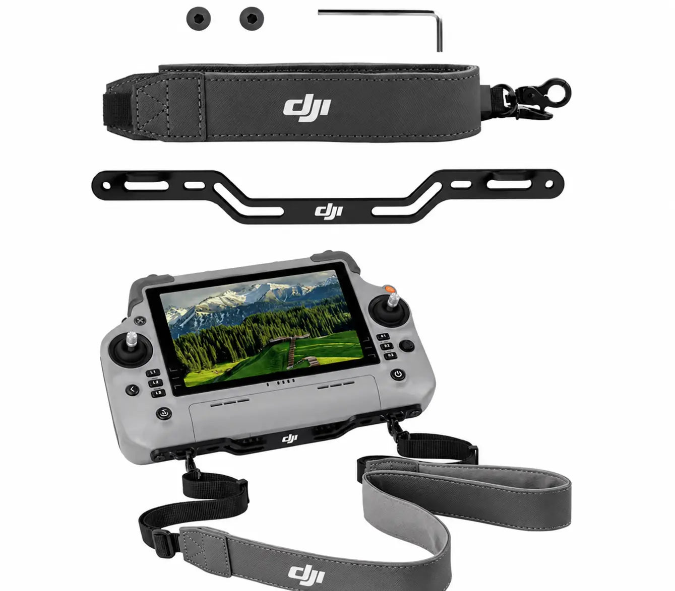 Gray DJI remote controller with neck strap kit, controller plus two strap pieces