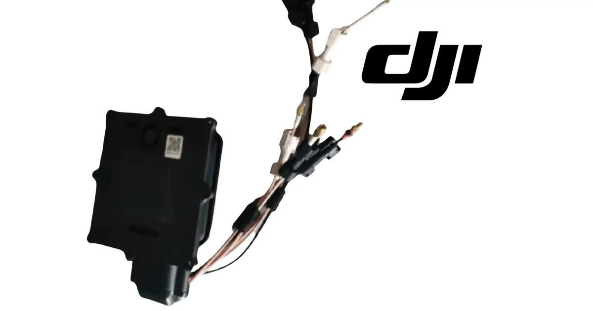 DJI Agras RF module with black housing and cable bundle extending from it